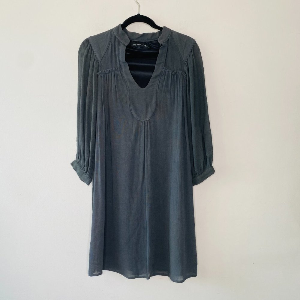 Zara Women's  Tunic Gauze Dress Gray Flowy Bohemian 3/4 Sleeves Lined Size Small